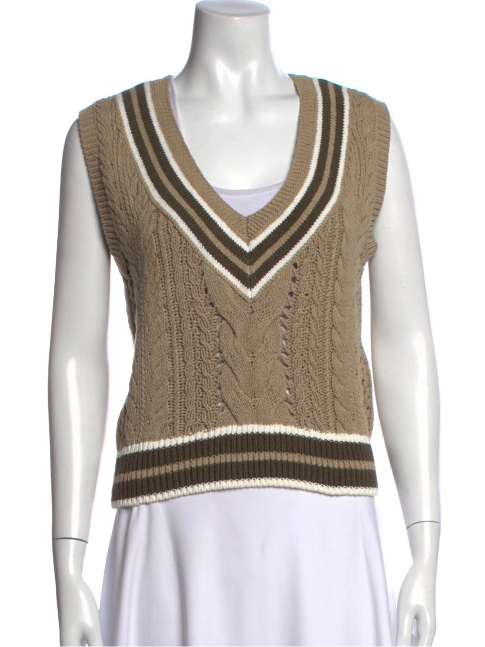 rag & bone Tan Cable-Knit V-Neck Sweater Vest with Striped Trim